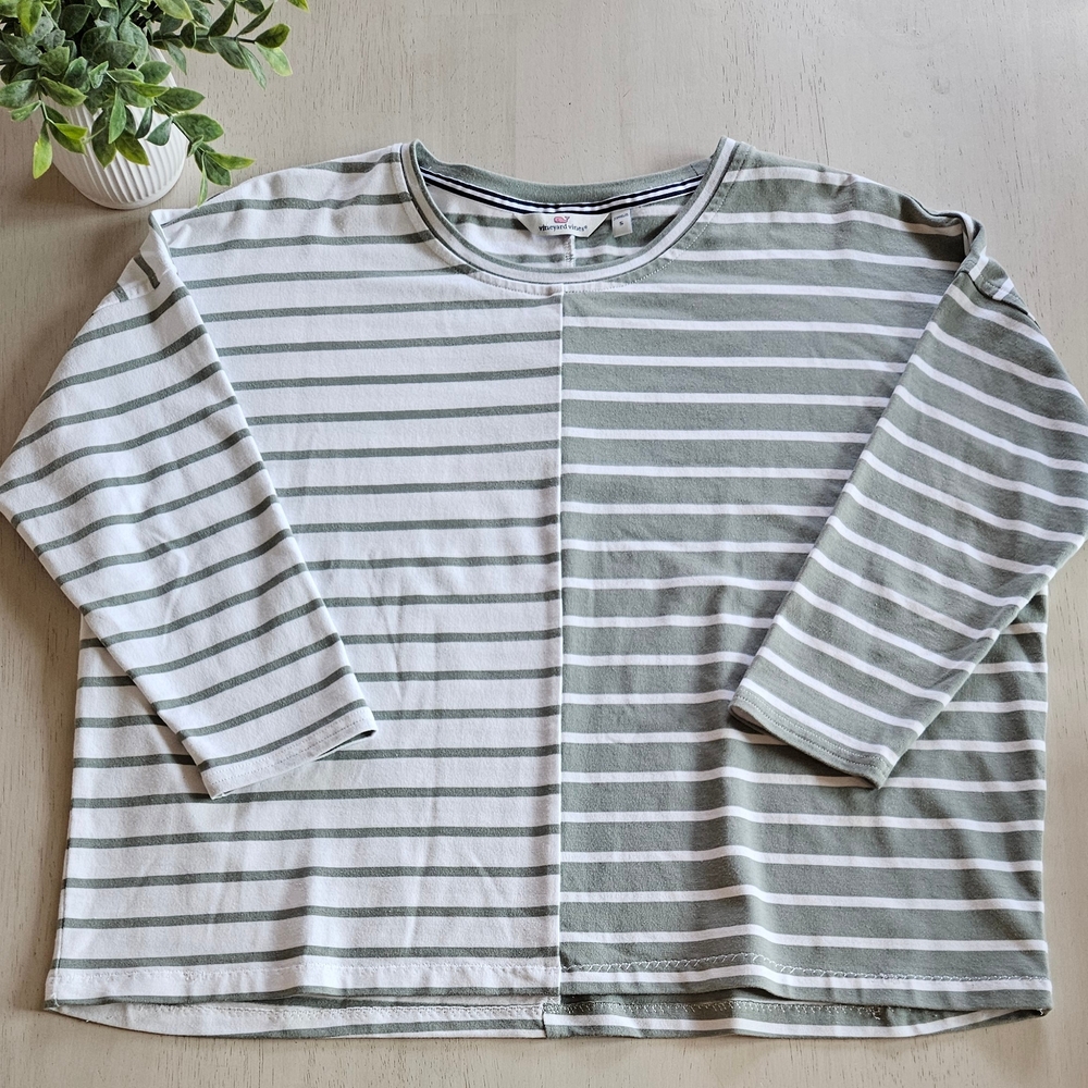 Vineyard Vines Sage Green & White Striped Long Sleeve Top